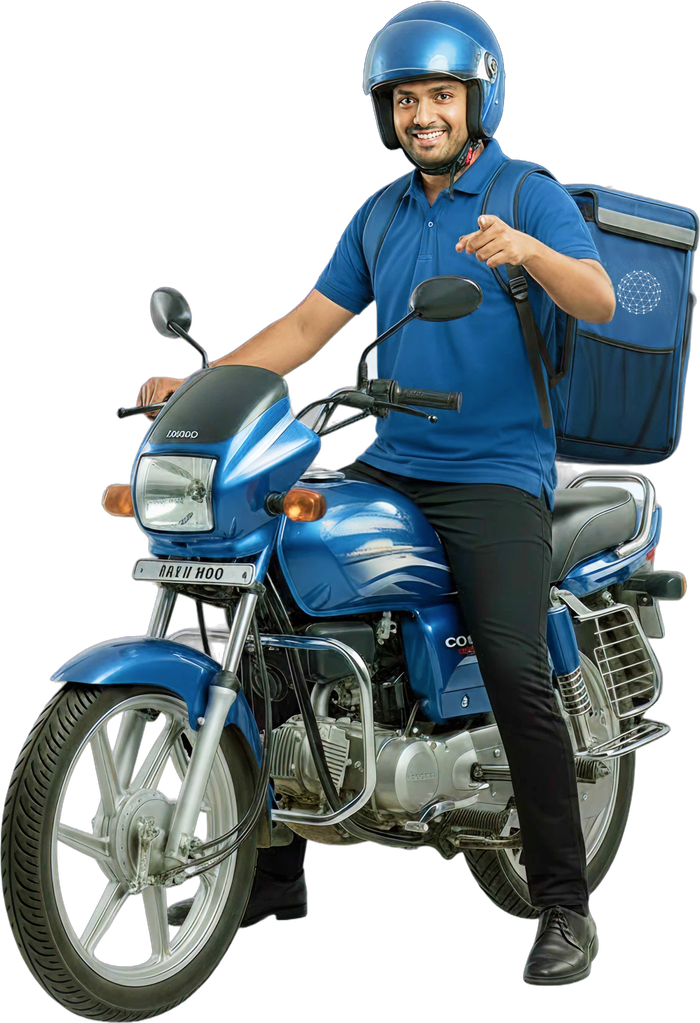 ElasticRun rider partner smiling on his delivery bike
